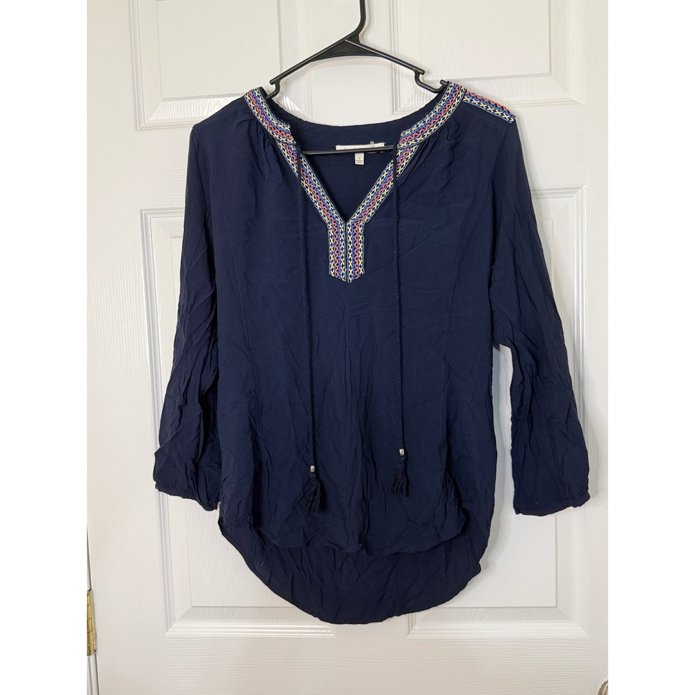 Daniel Rainn Blouse Womens Medium Navy Blue Embroidered Boho Tassel Top
